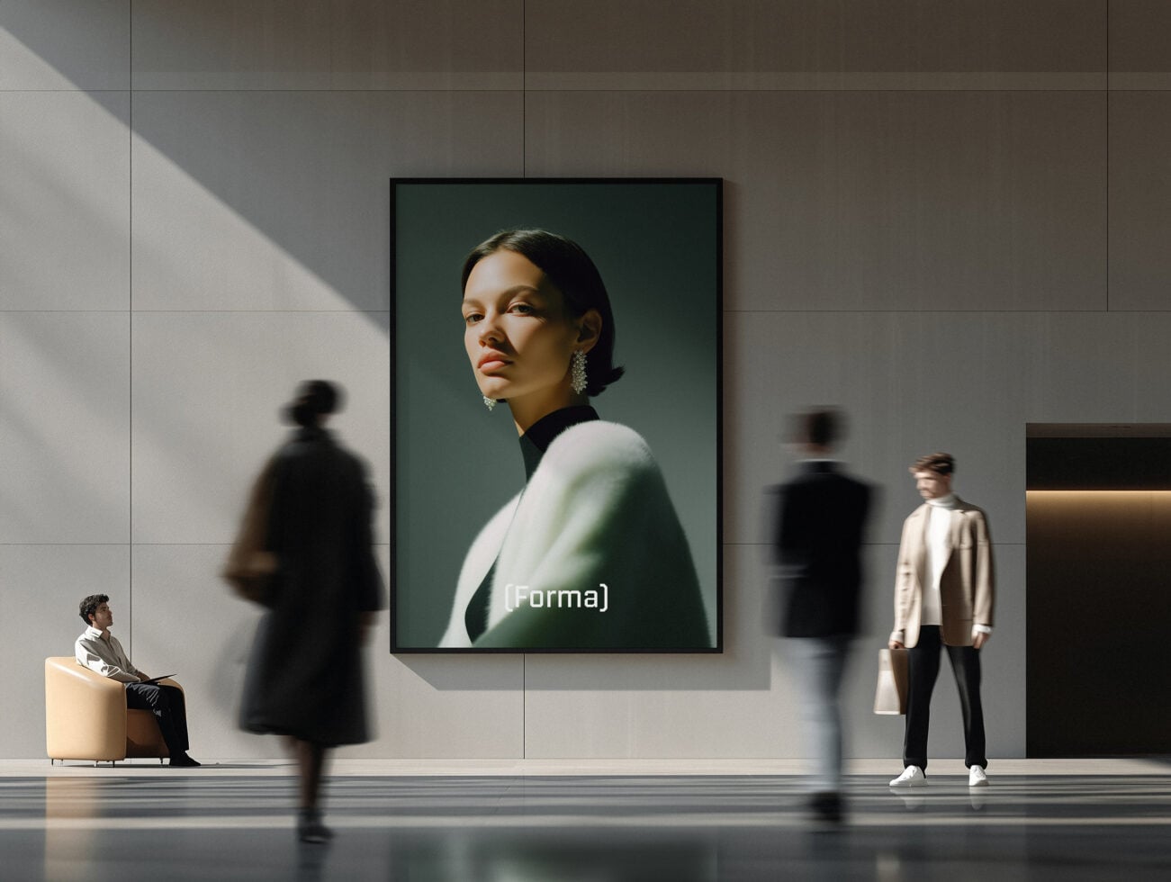 Framed portrait mockup hanging in modern gallery with blurred figures walking by