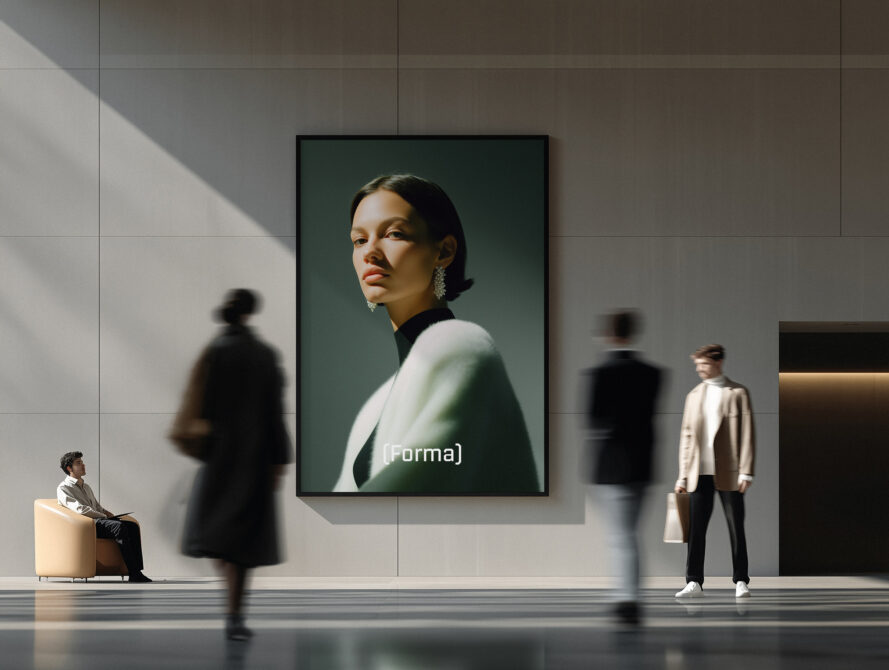 Framed portrait mockup hanging in modern gallery with blurred figures walking by