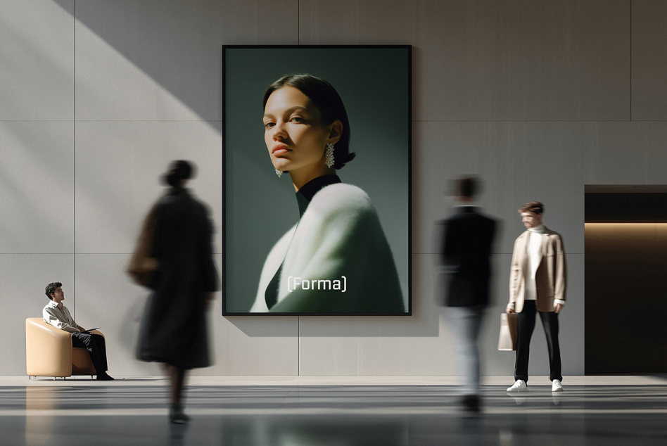 Framed portrait mockup in modern gallery space with people walking by