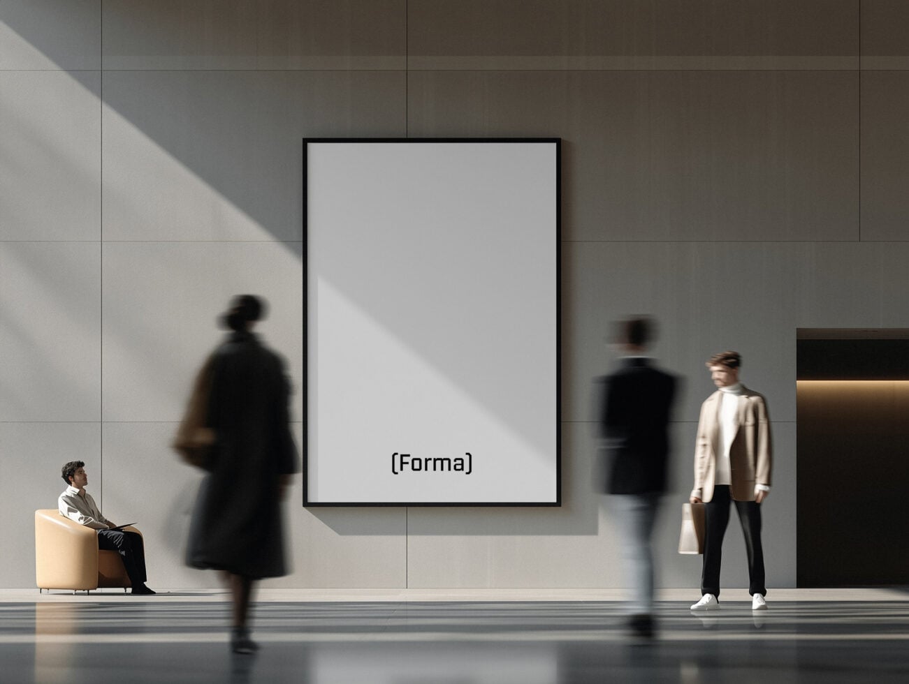 Black framed poster mockup on minimal gallery wall with people moving through space