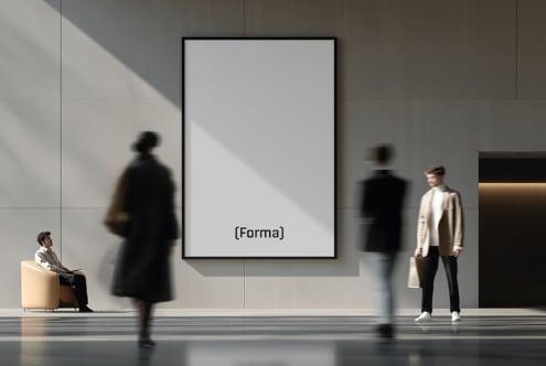 Blank poster frame on minimalist gallery wall with blurred figures walking through modern space
