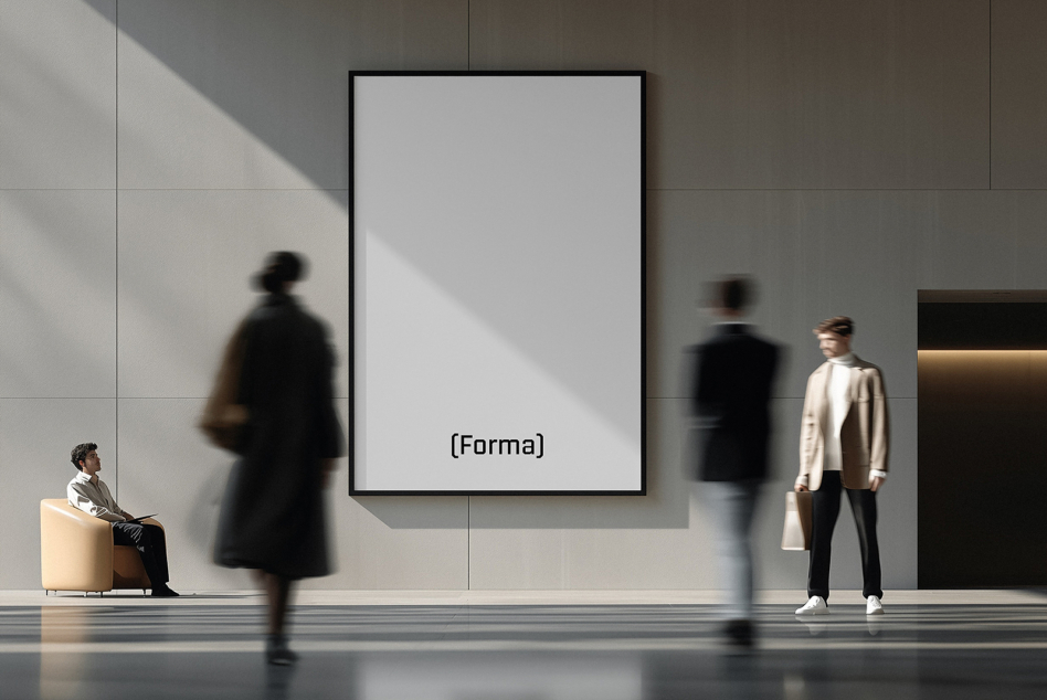 Blank poster frame on minimalist gallery wall with blurred figures walking through modern space