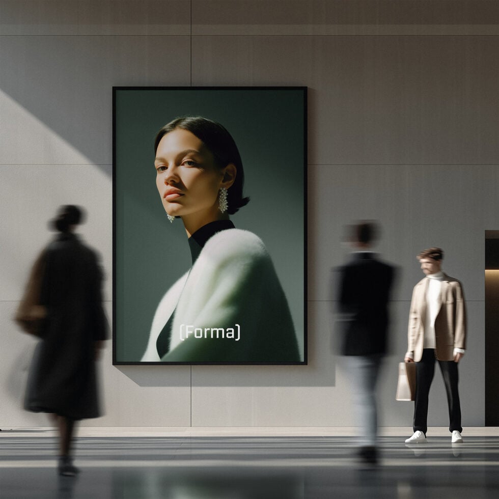 Portrait mockup on gallery wall with blurred figures passing by