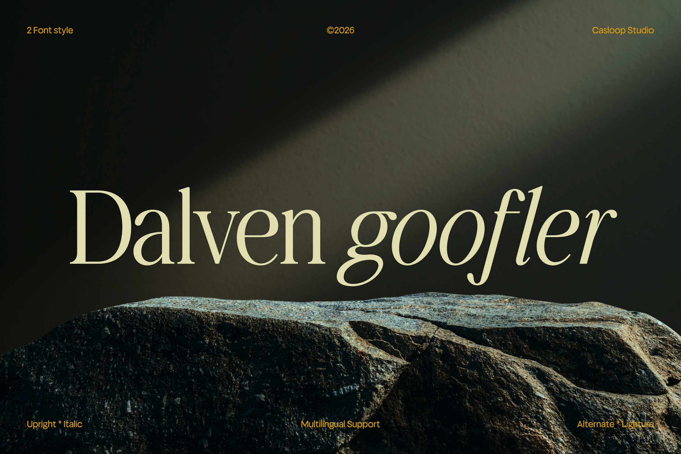 Dalven goofler serif font displayed in cream over dark moody stone backdrop