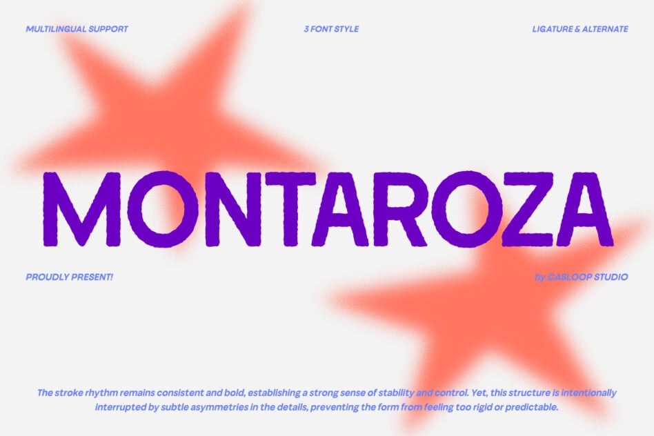 Montaroza typeface in bold purple with soft coral blur shapes behind it, showing multilingual support with 3 styles