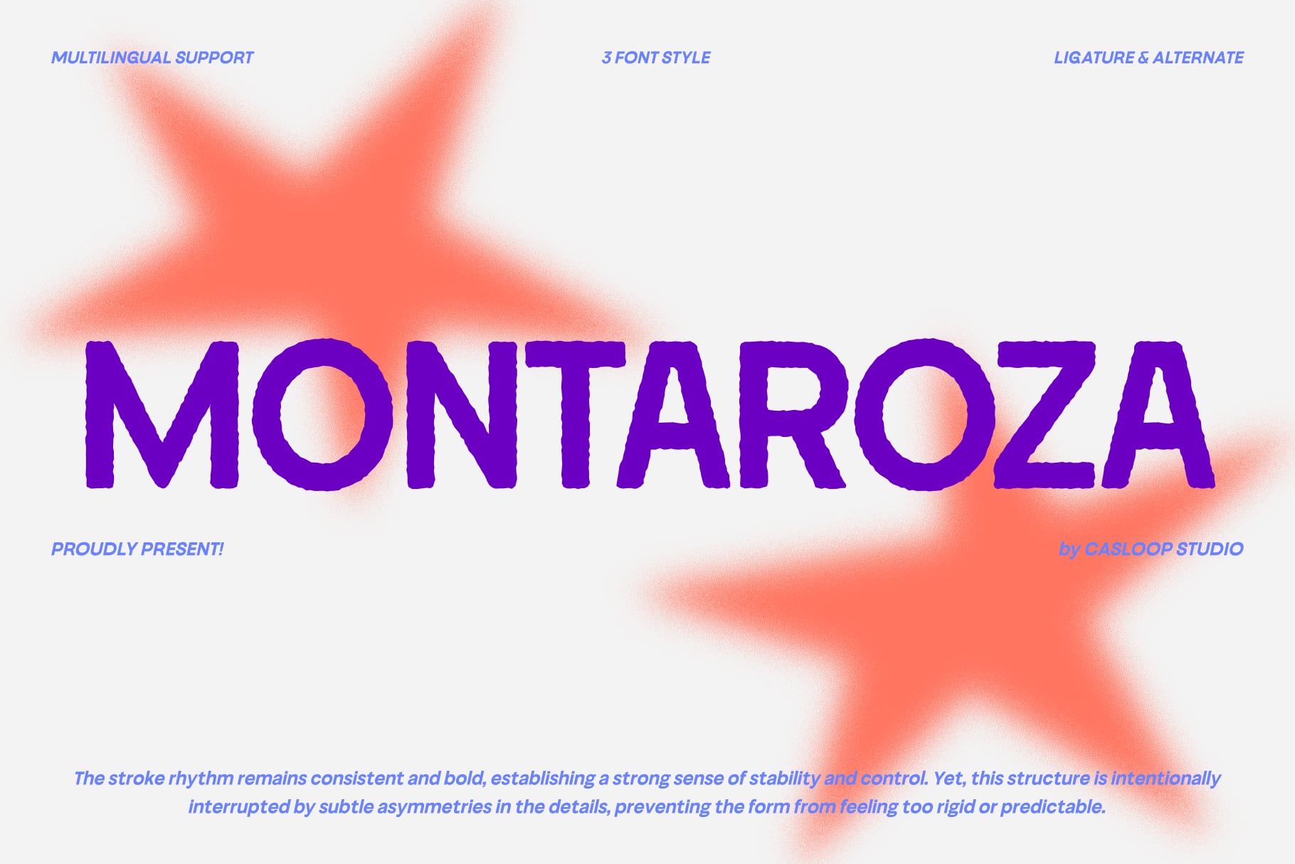Montaroza typeface in bold purple with soft coral blur shapes behind it, showing multilingual support with 3 styles