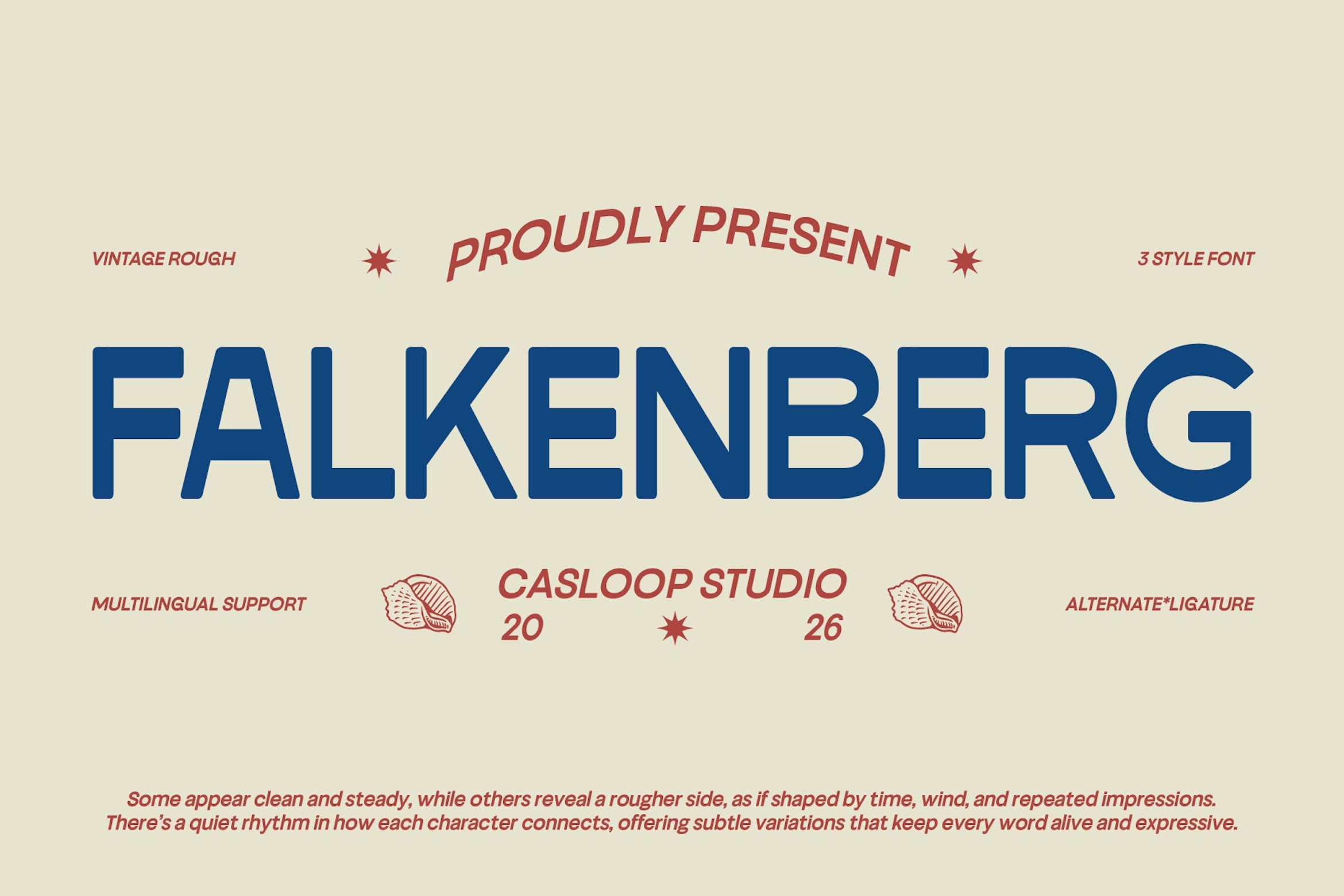 Falkenberg font family with 3 vintage rough styles, multilingual support, alternates plus ligatures