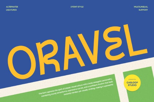 Oran2 font display showing bold yellow letters on blue background with feature callouts for alternate ligatures, 3 font styles, multilingual support