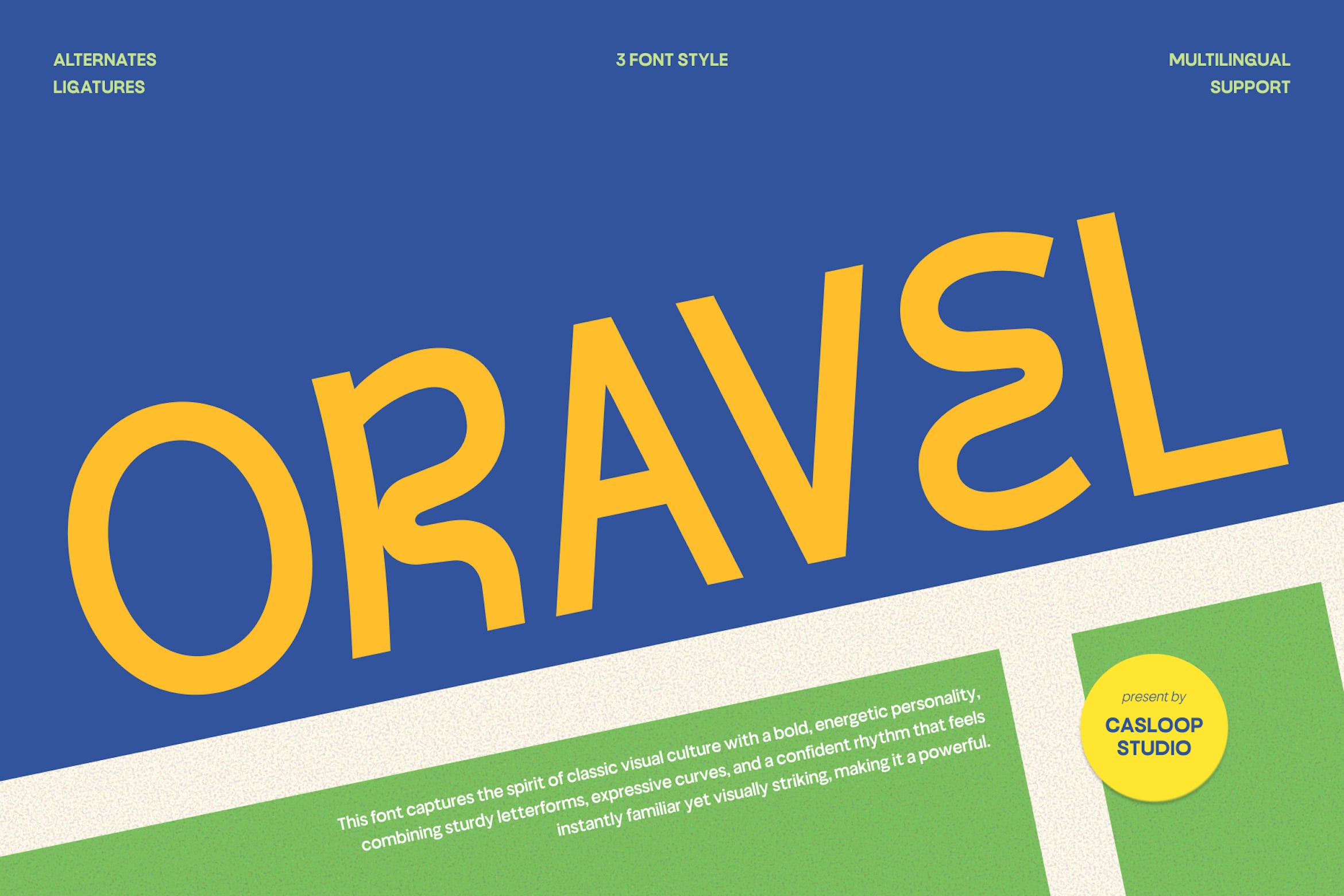 Oran2 font display showing bold yellow letters on blue background with feature callouts for alternate ligatures, 3 font styles, multilingual support