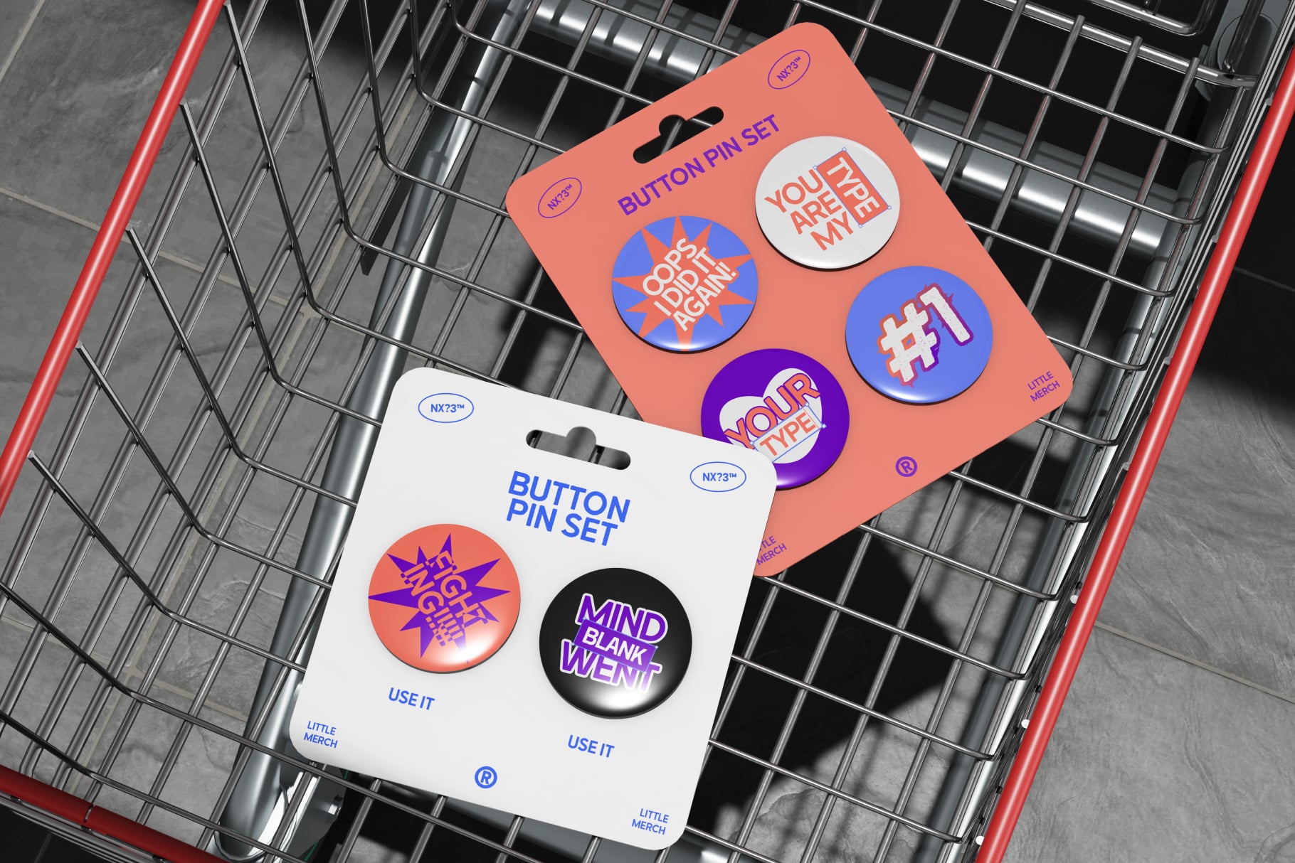 Button pin set mockup with coral, white, blue, purple designs in shopping cart