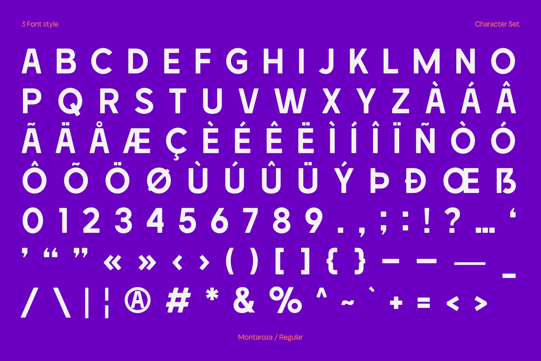 Montaroza font family displaying full character set with accents, numbers, symbols on vibrant purple background