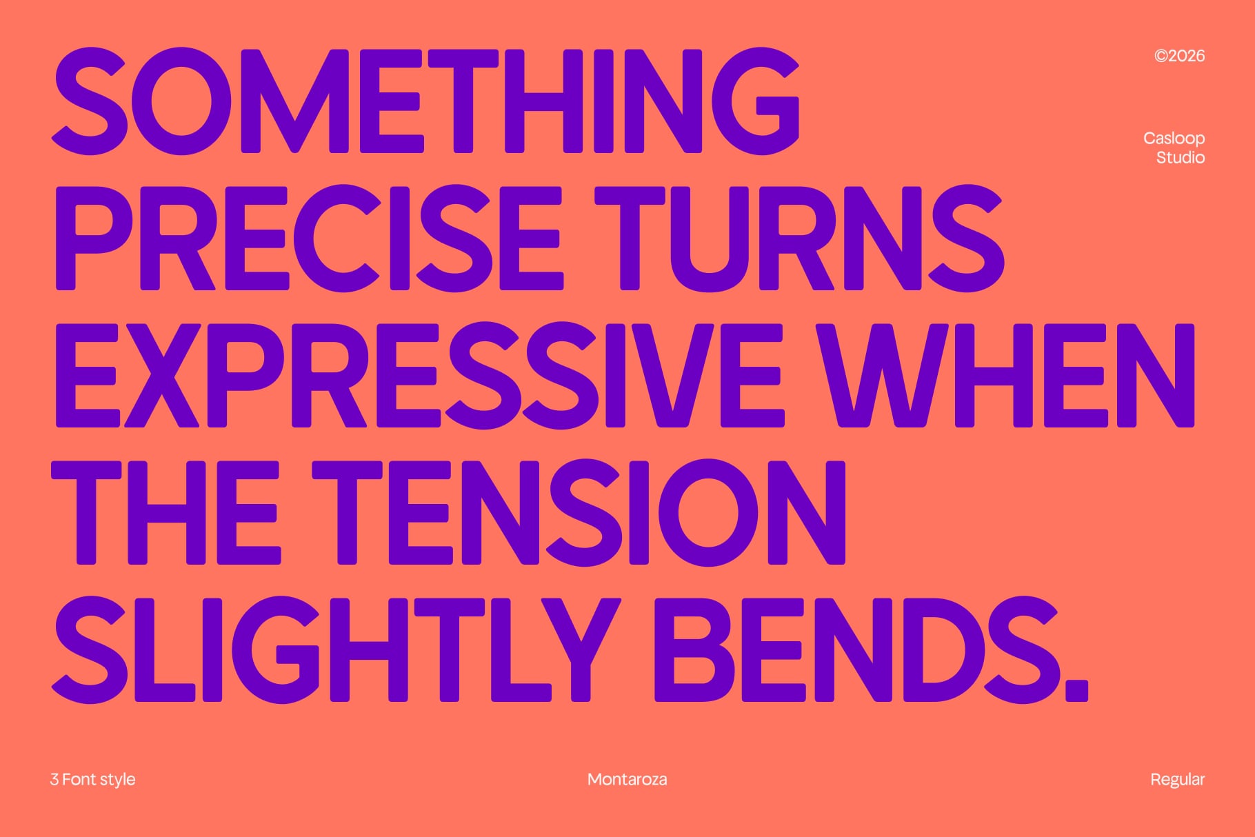 Bold purple sans serif font on coral background with curved letterforms