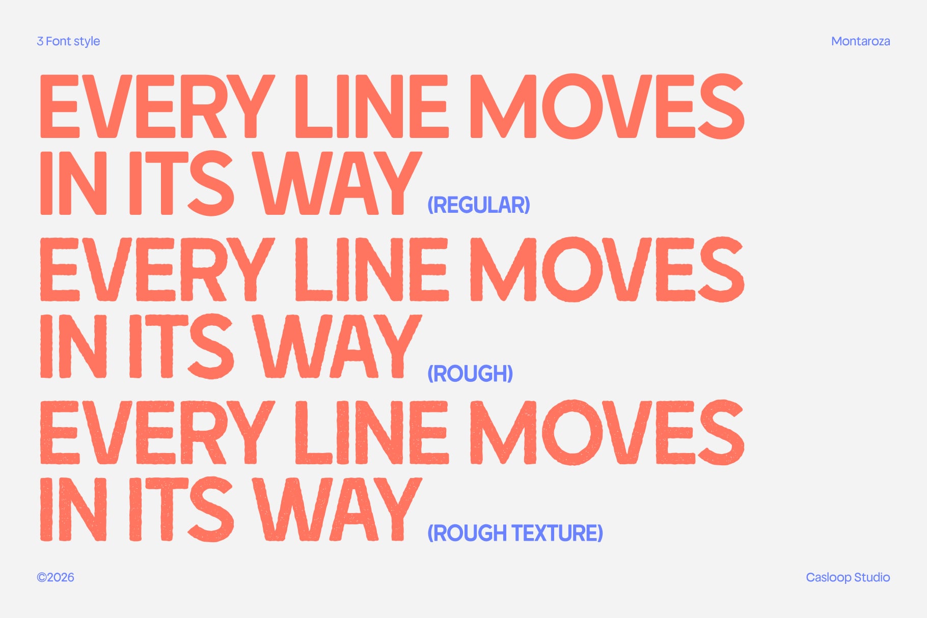 Montaroza font showing 3 styles: regular, rough, rough texture in coral with sample text