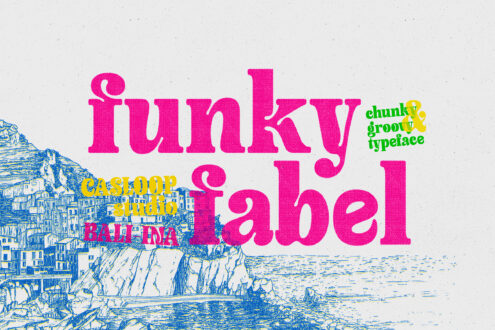Funky label typeface in hot pink with chunky groovy vibes over coastal sketch artwork