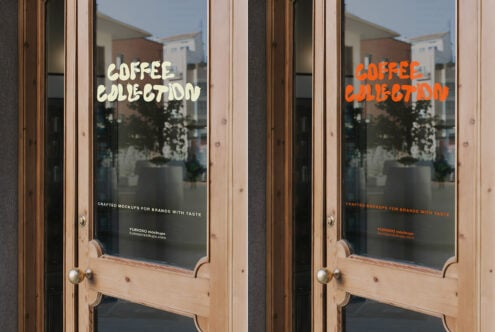Window decal mockup showing cream or orange text on cafe glass door with wood frame