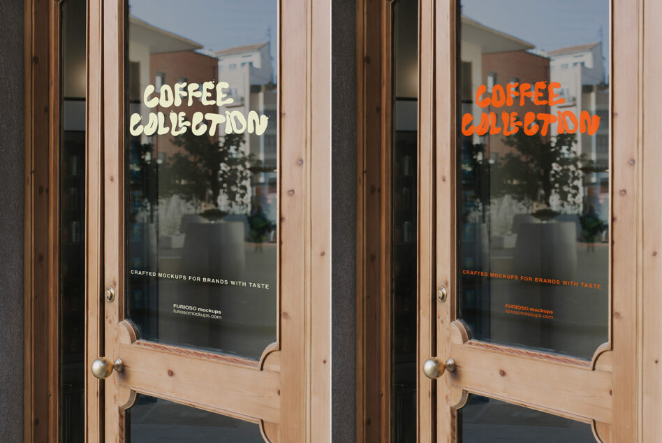 Window decal mockup showing cream or orange text on cafe glass door with wood frame