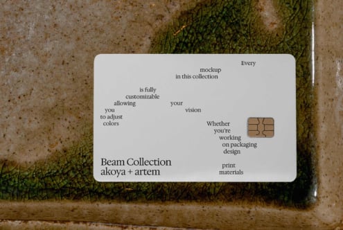Beam Collection akoya + artem card mockup with SIM chip on weathered concrete ground