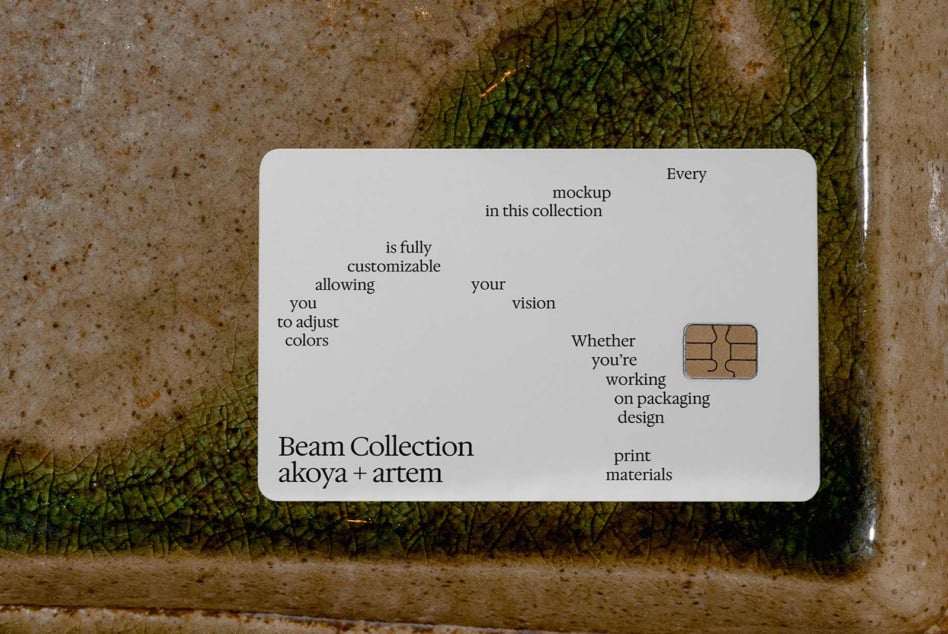 Beam Collection akoya + artem card mockup with SIM chip on weathered concrete ground