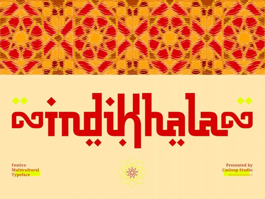 Mudhilal typeface with red geometric letterforms on cream background, vibrant woven pattern banner above