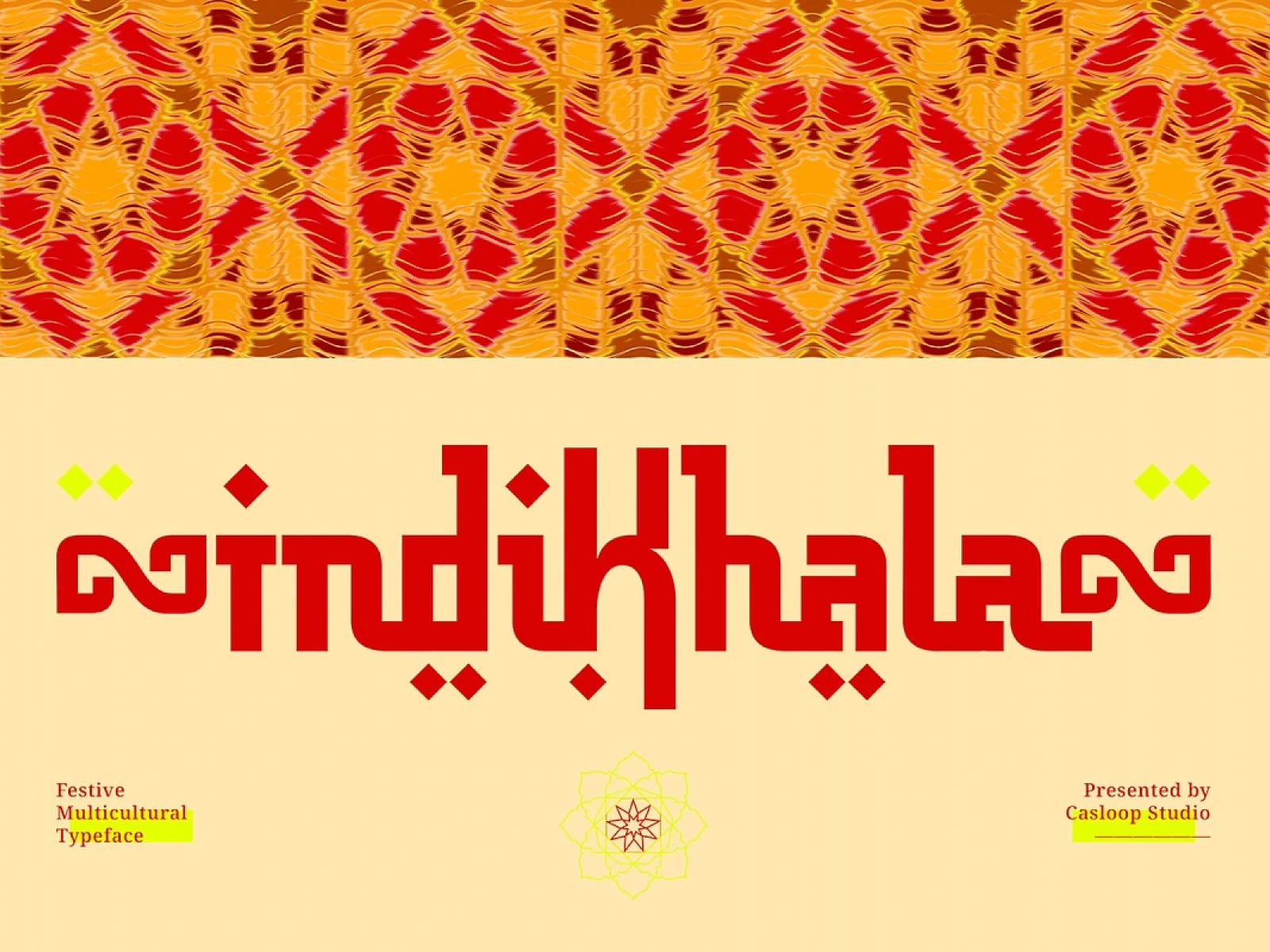 Mudhilal typeface with red geometric letterforms on cream background, vibrant woven pattern banner above