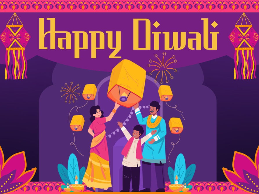Colorful Diwali illustration with family releasing sky lanterns, fireworks, hanging lamps, lotus flowers on purple background
