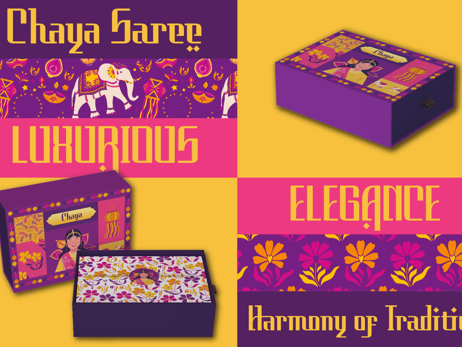 Chaya Saree luxury packaging mockup with purple, pink, gold colors, elephants, flowers