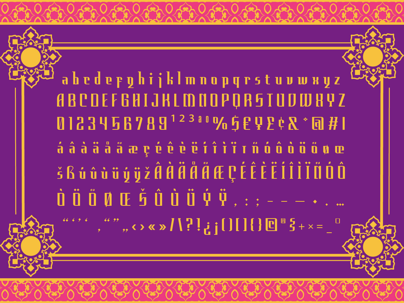 Ornate gold font with full character set on deep purple with decorative borders