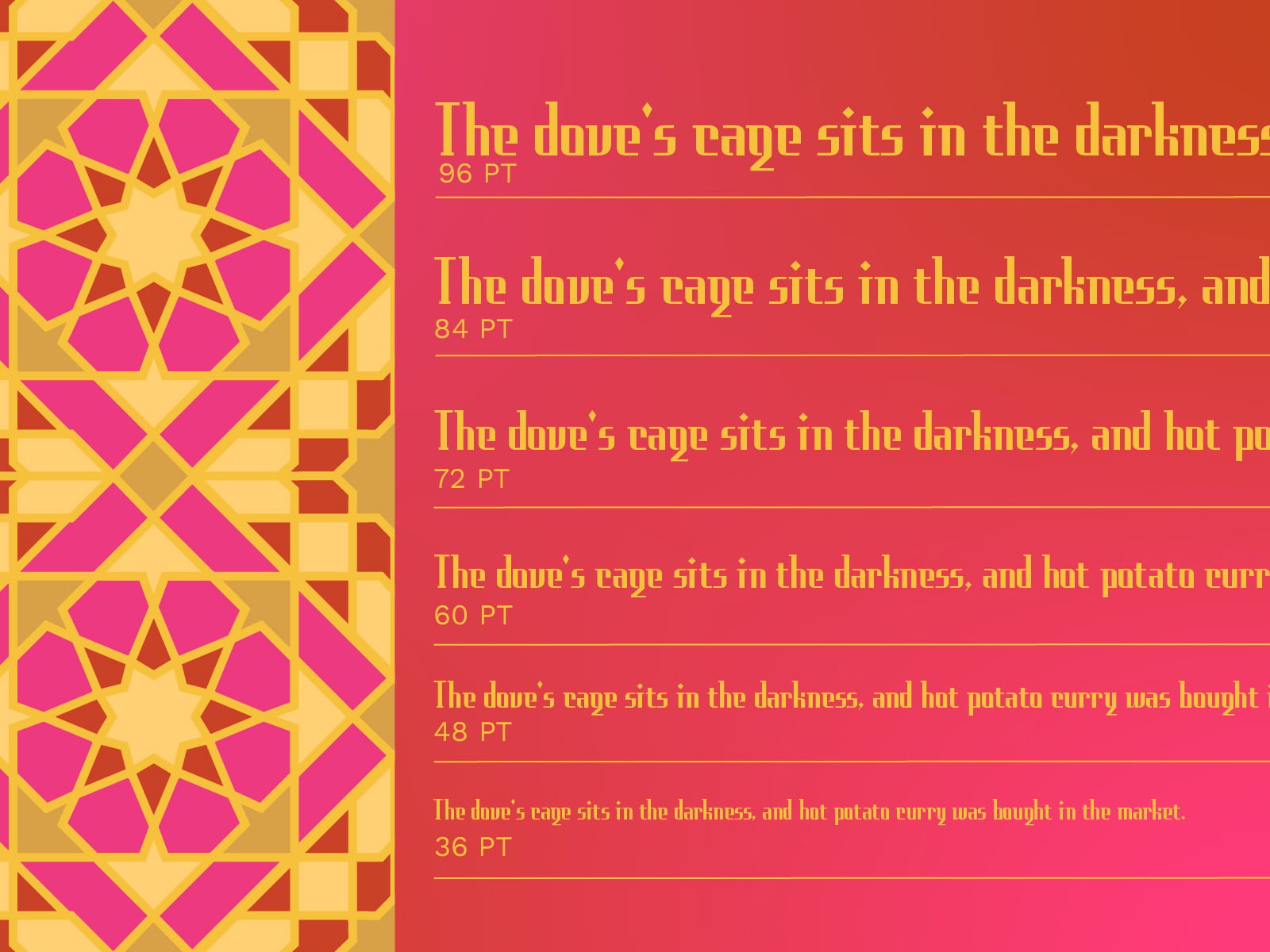 Serif font family with gold lettering on red background, six different sizes shown