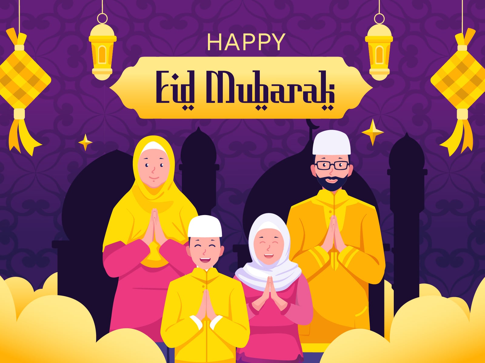 Colorful Eid Mubarak illustration with family in yellow pink outfits, lanterns, mosque silhouettes on purple background
