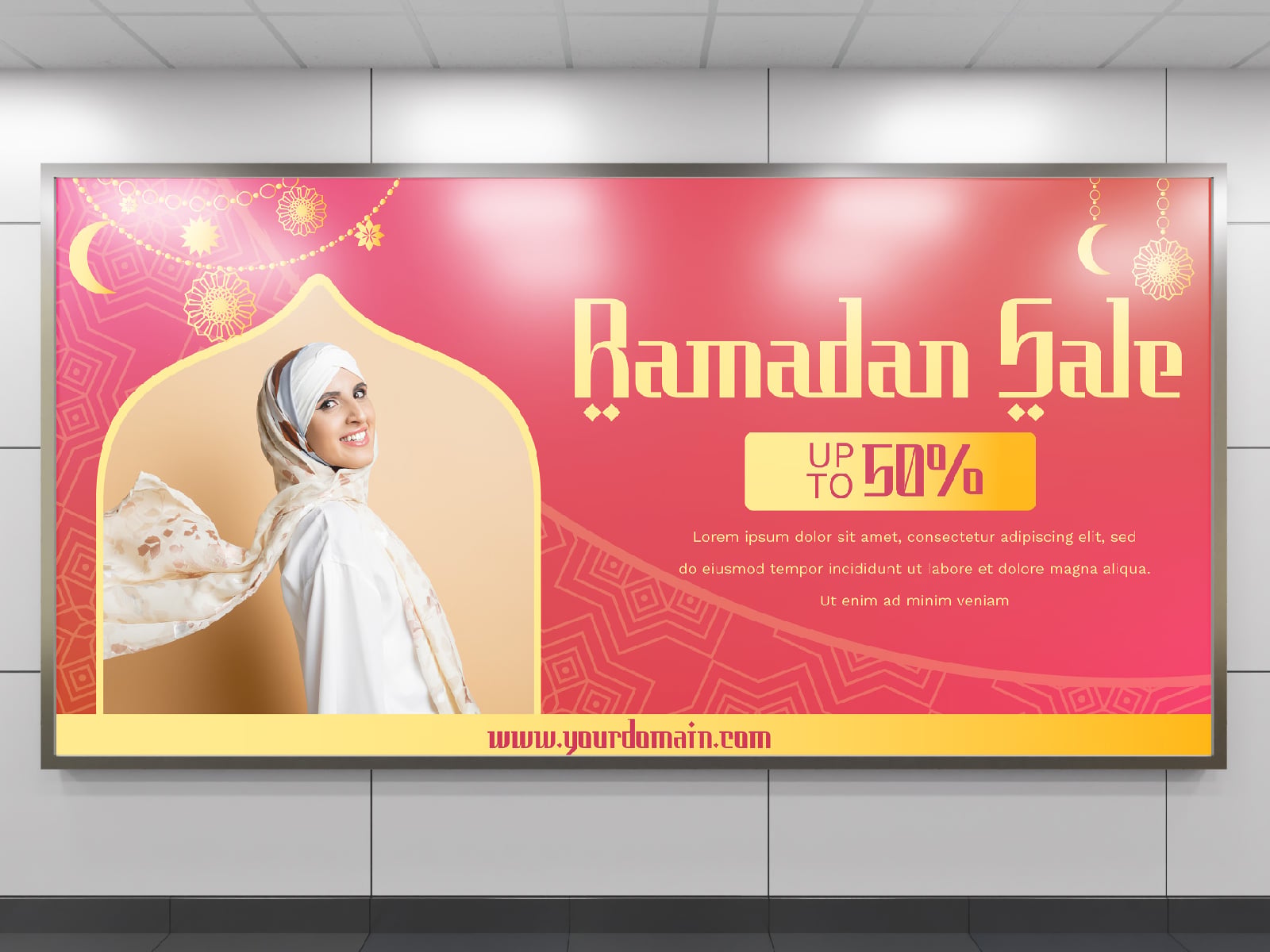 Ramadan sale billboard mockup with hot pink background, gold ornaments, woman in hijab, 50% off banner