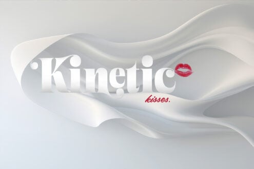 Kinetic 3D text mockup with flowing white layers, red lip mark, kisses script below