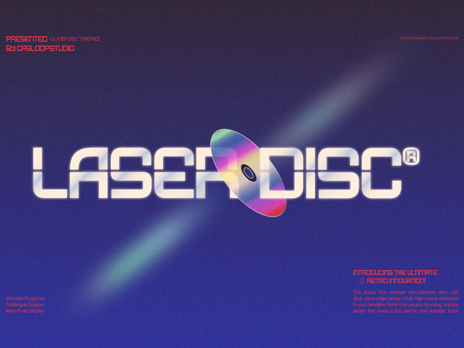 Laser Disc retro display font with holographic CD graphic on deep purple background