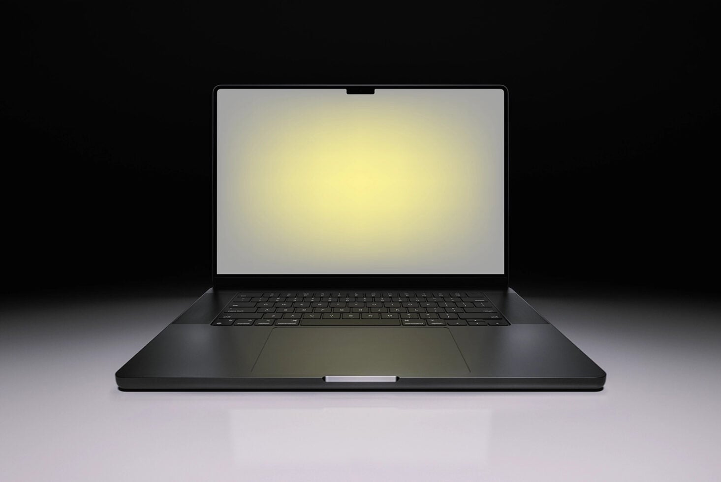 Black laptop mockup with glowing screen on dark background