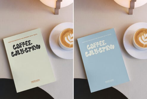 Magazine mockup with coffee cup, styled flat lay showing cream plus blue colorway options
