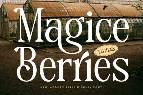 Magice Serifs font displayed over vintage greenhouse backdrop with 408 items badge