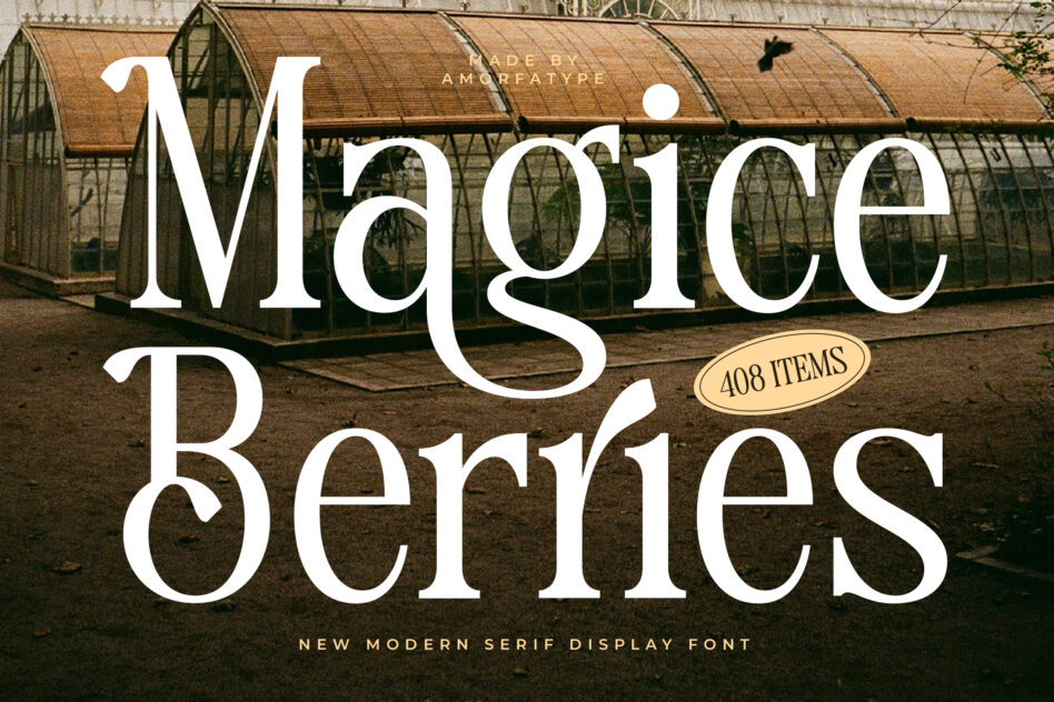 Magice Serifs font displayed over vintage greenhouse backdrop with 408 items badge