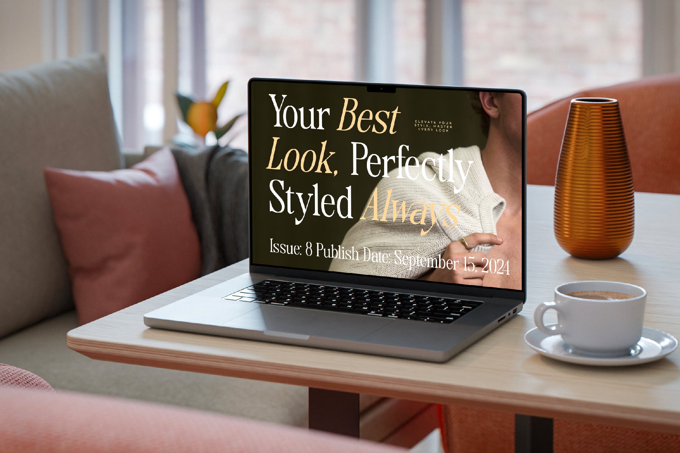 Laptop mockup showing fashion magazine cover with cream sweater, gold accents, sitting on desk with coffee