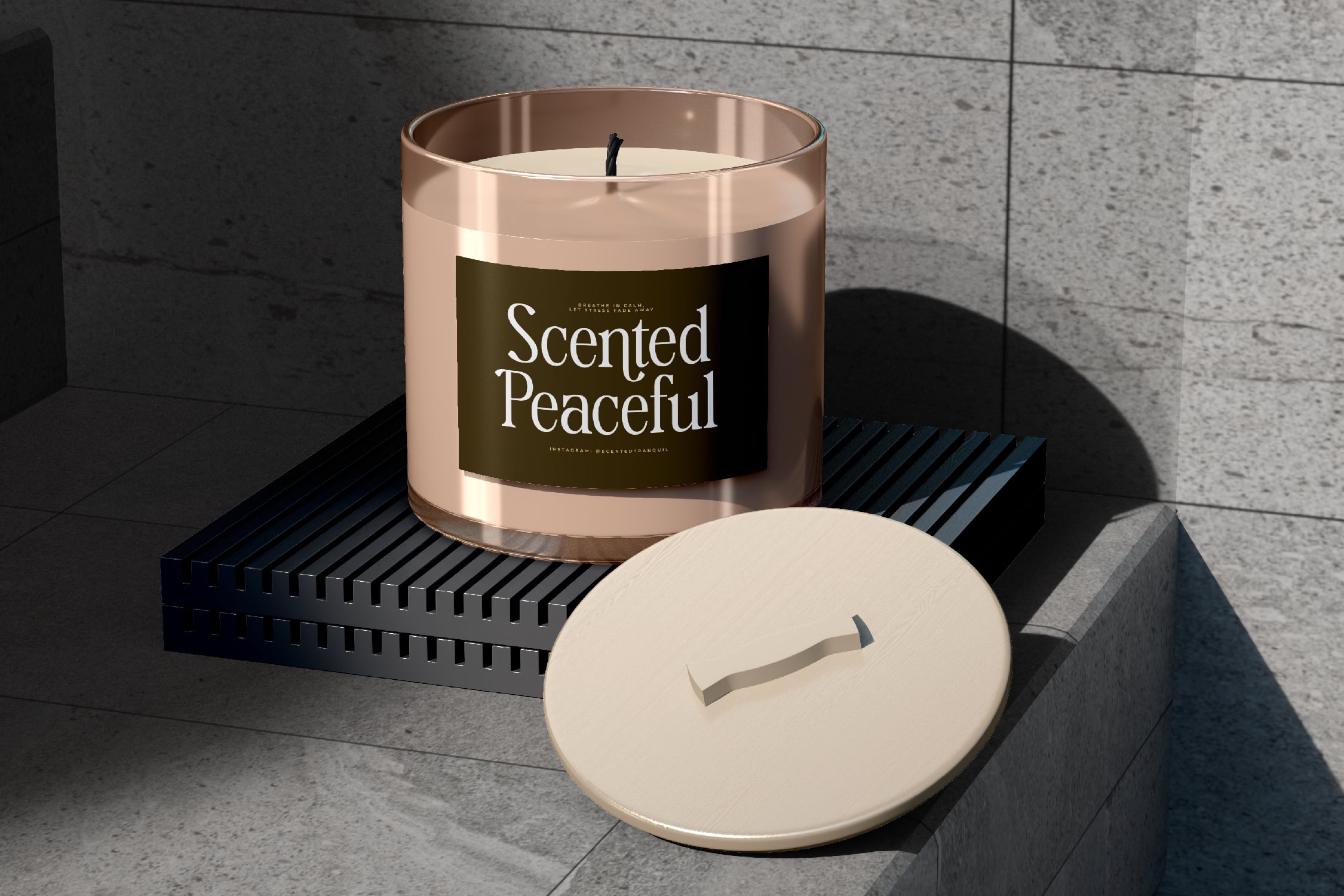 Luxury scented candle mockup with rose gold glass jar, olive label, cream lid on minimal concrete backdrop