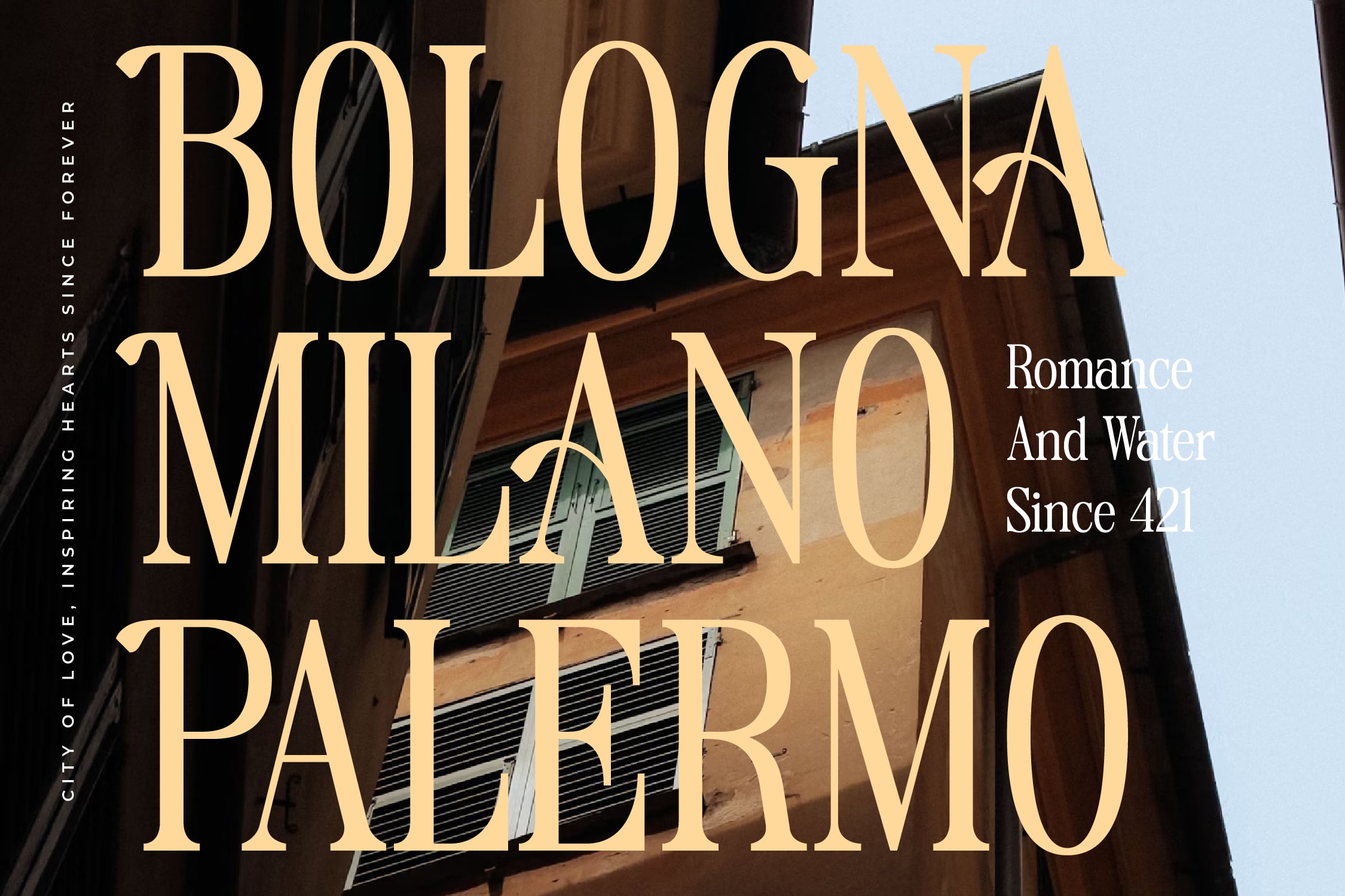 Elegant gold serif font overlaid on Italian architecture with tagline romance since 421