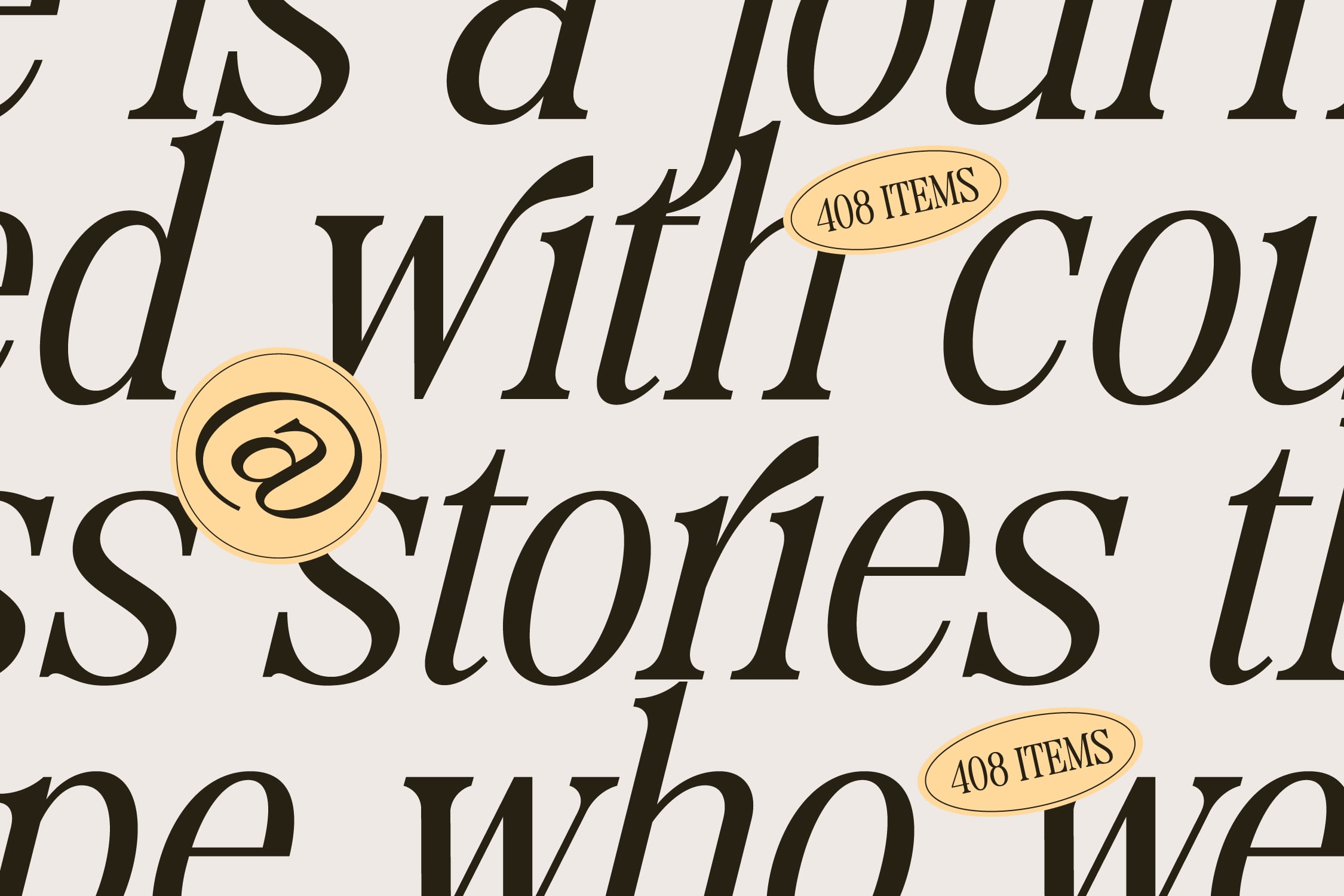 Elegant serif typeface with ornate gold badges scattered across cream background showing item count