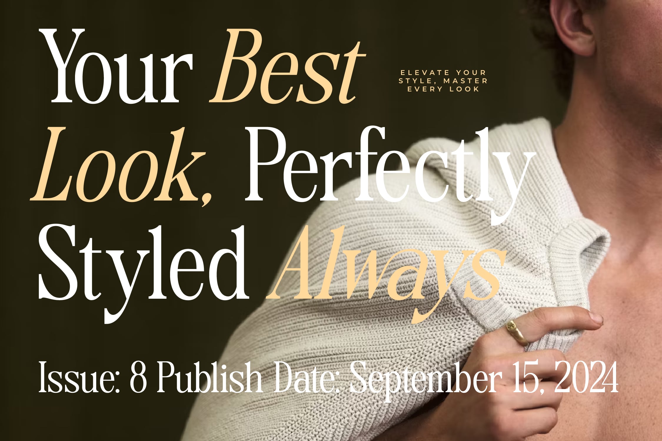 Luxury lifestyle magazine cover mockup with cream knit sweater, gold serif typography, olive background