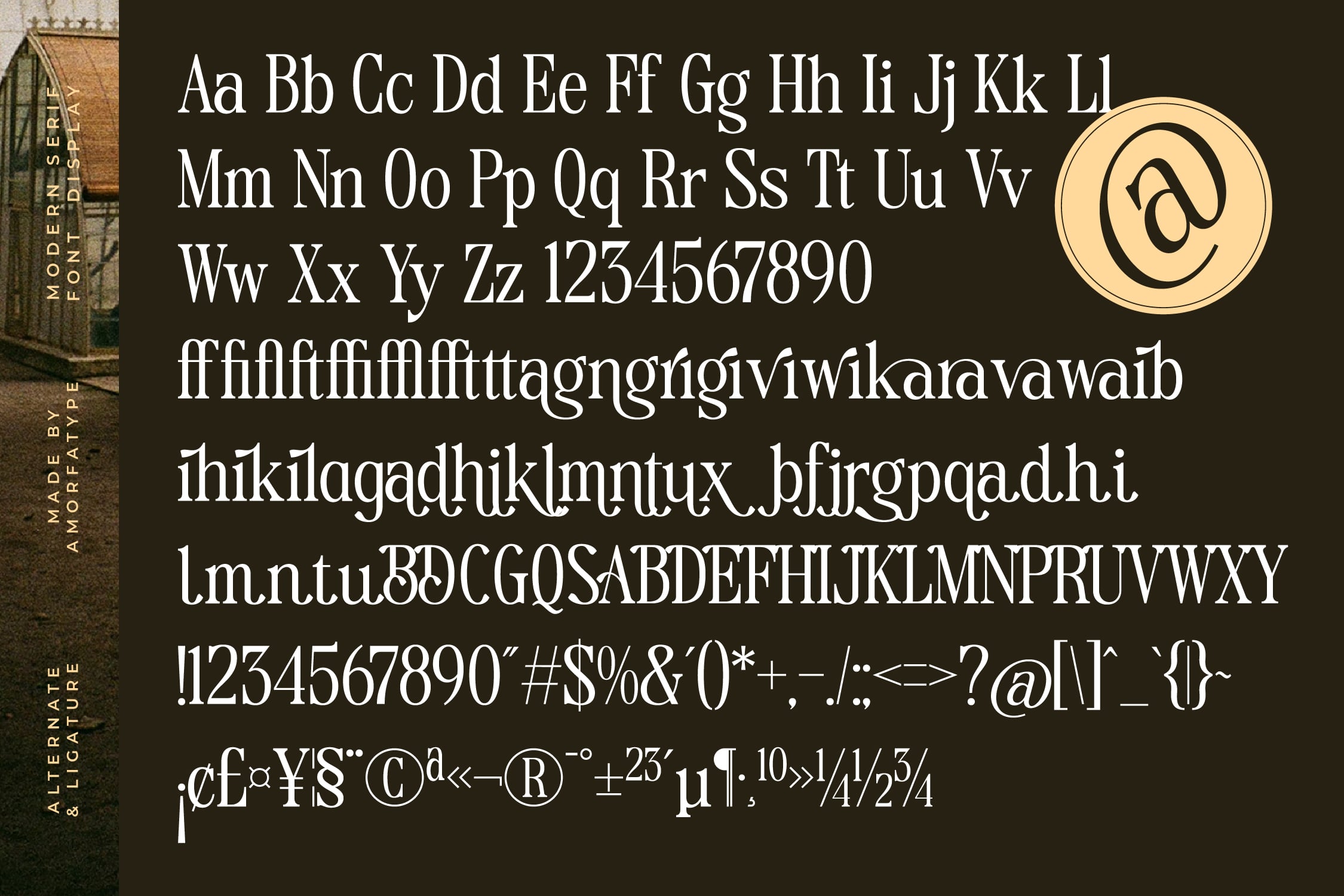 Serif font showing full character set with numbers, ligatures, symbols on dark background