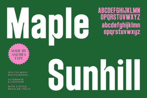 Maple Sunhill font family with pink caps, lowercase letters, multilingual support on green background