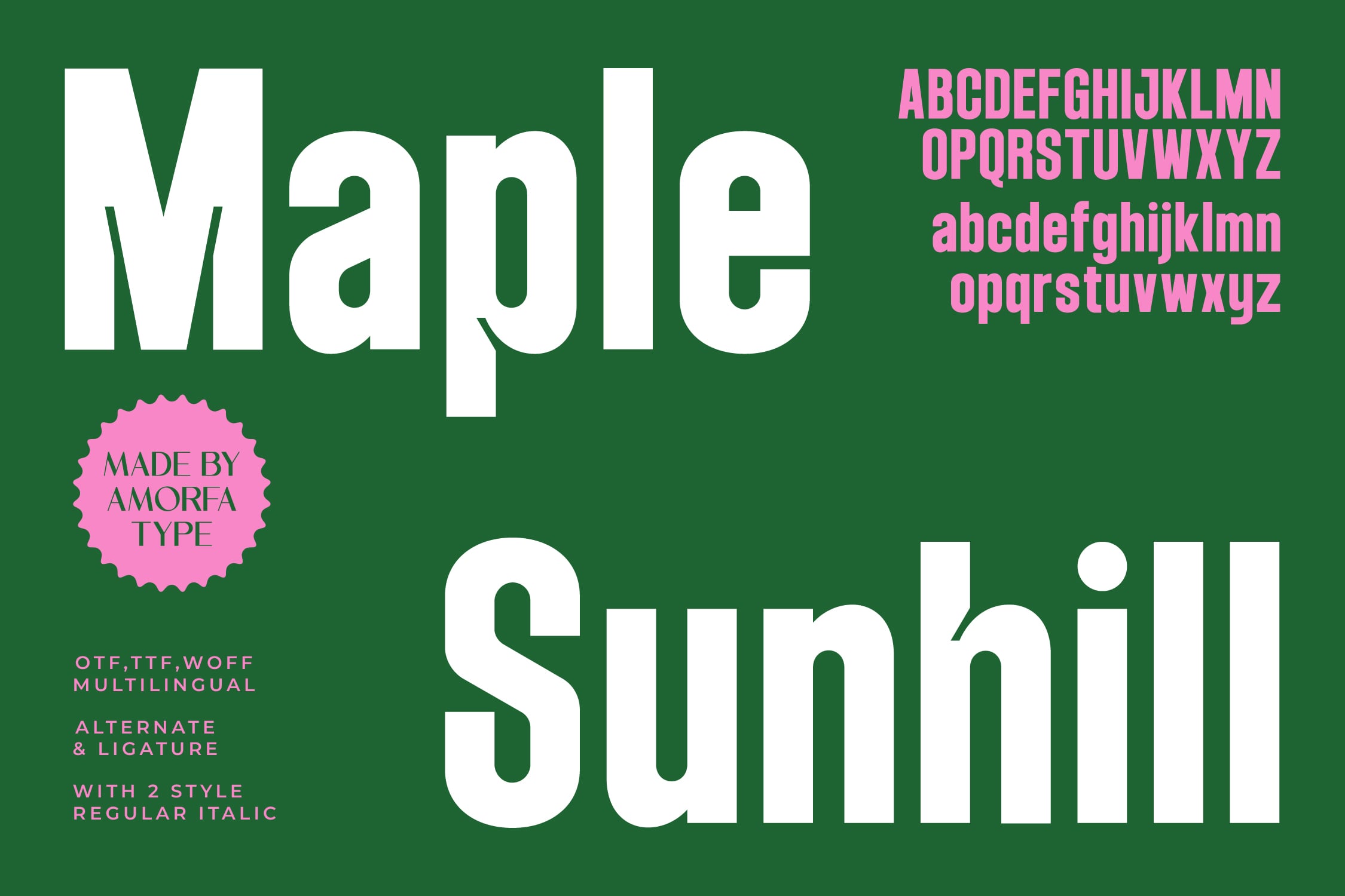 Maple Sunhill font family with pink caps, lowercase letters, multilingual support on green background