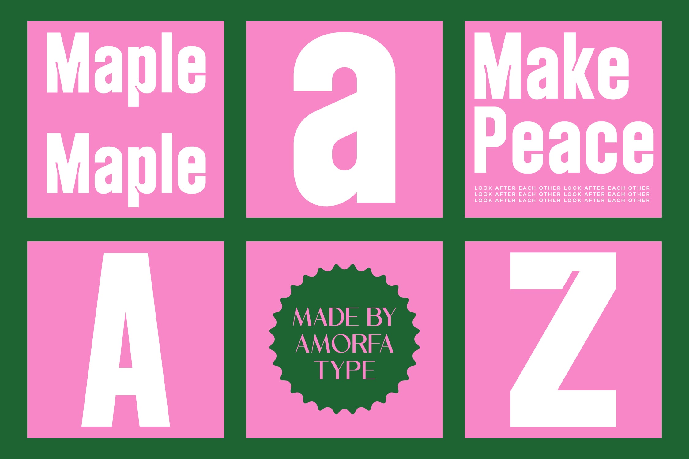 Bright pink poster grid with bold white typography spelling out words, dark green background showing Amorfa Type branding