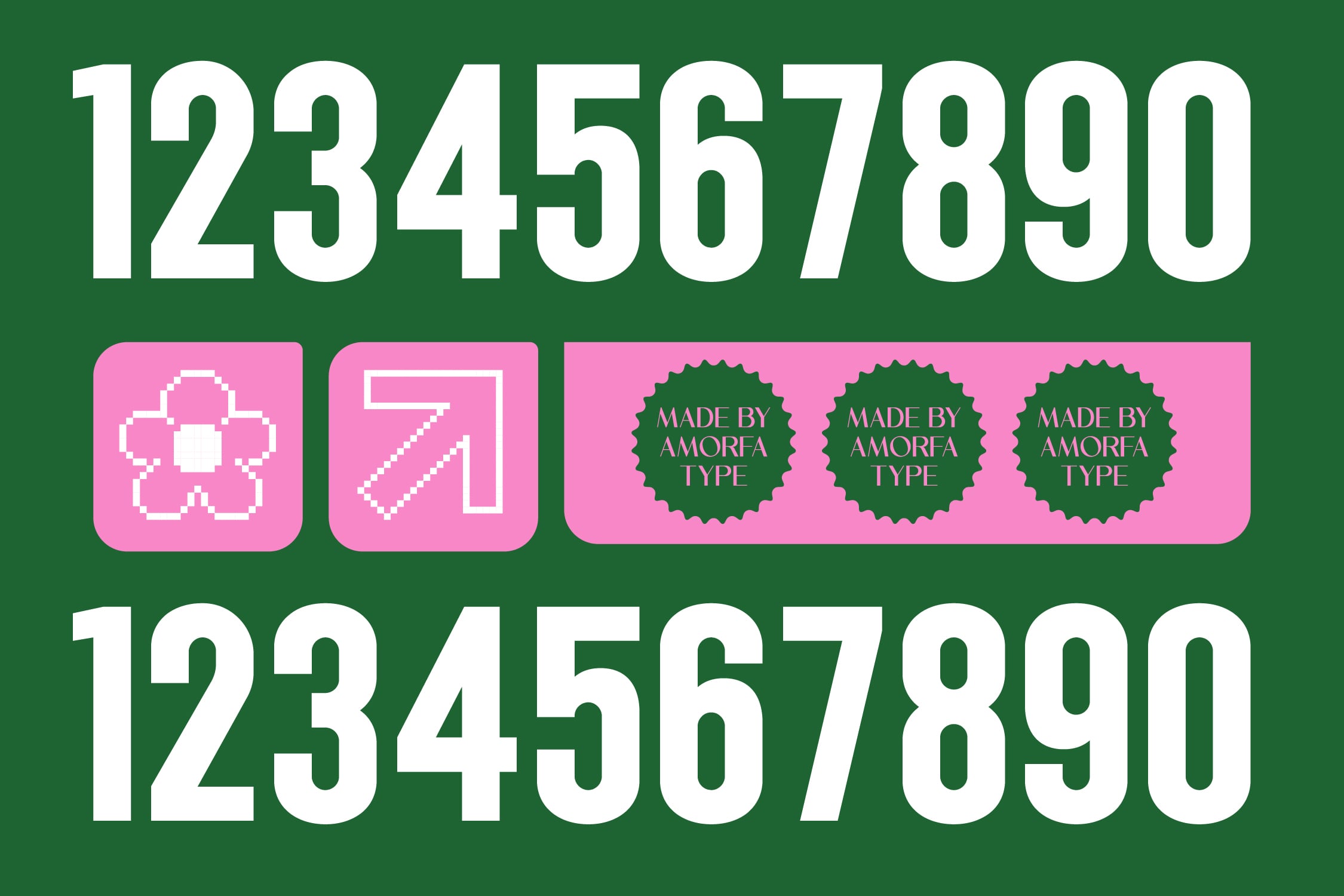 Bold sans serif font mockup with pink badge icons on green background