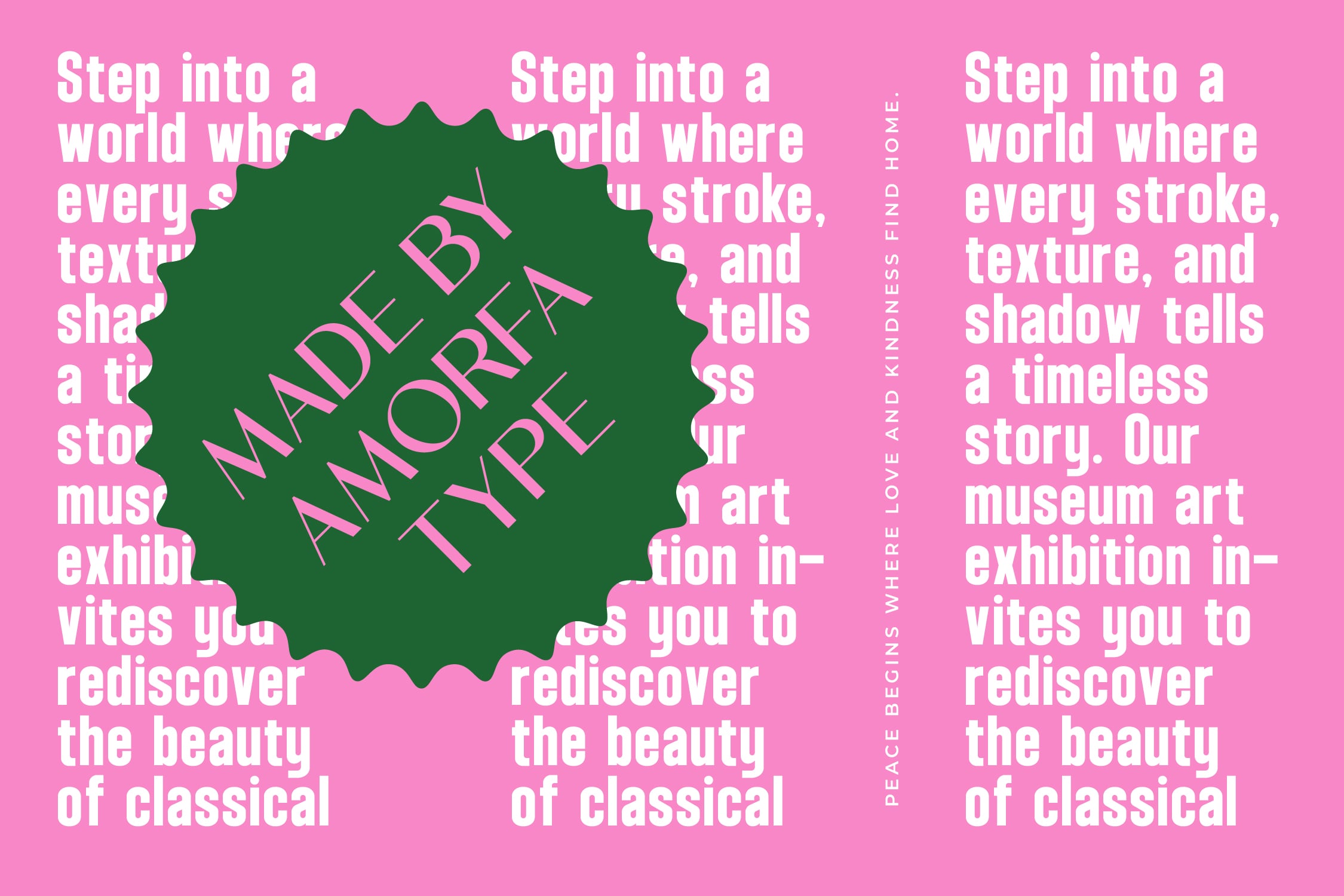 Made Amortype font on hot pink background with green badge shape