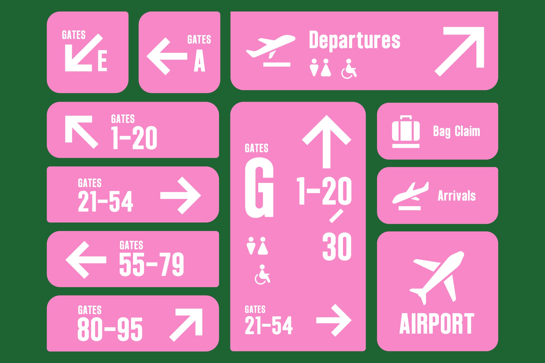 Bright pink airport wayfinding sign mockup with directional arrows, gate numbers, departures info on green background