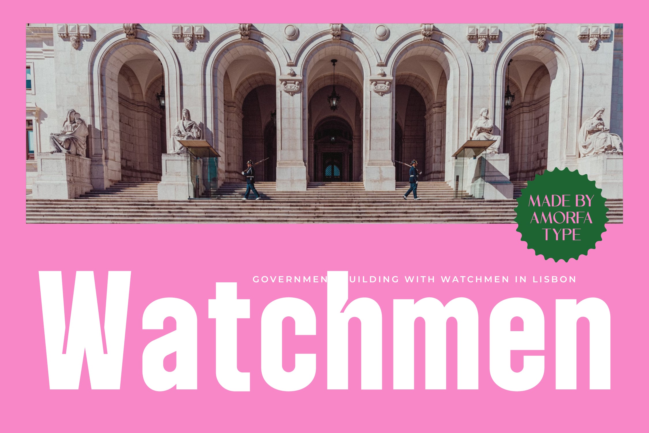 Lisbon government building with classical arches, statues, watchmen on steps, hot pink overlay with bold white typography