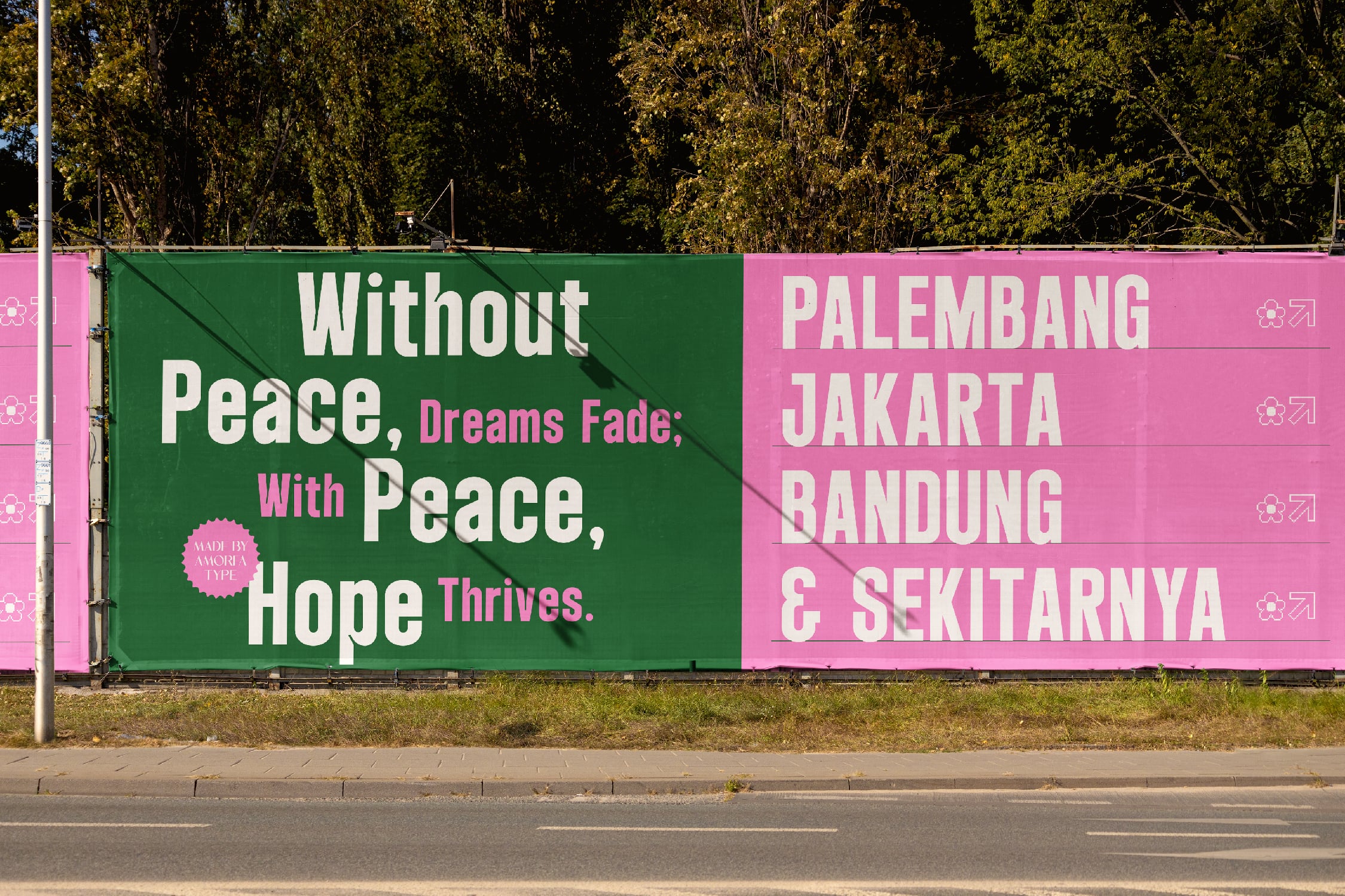Colorful billboard with bold typography mixing Indonesian cities with motivational quote about peace, dreams, hope